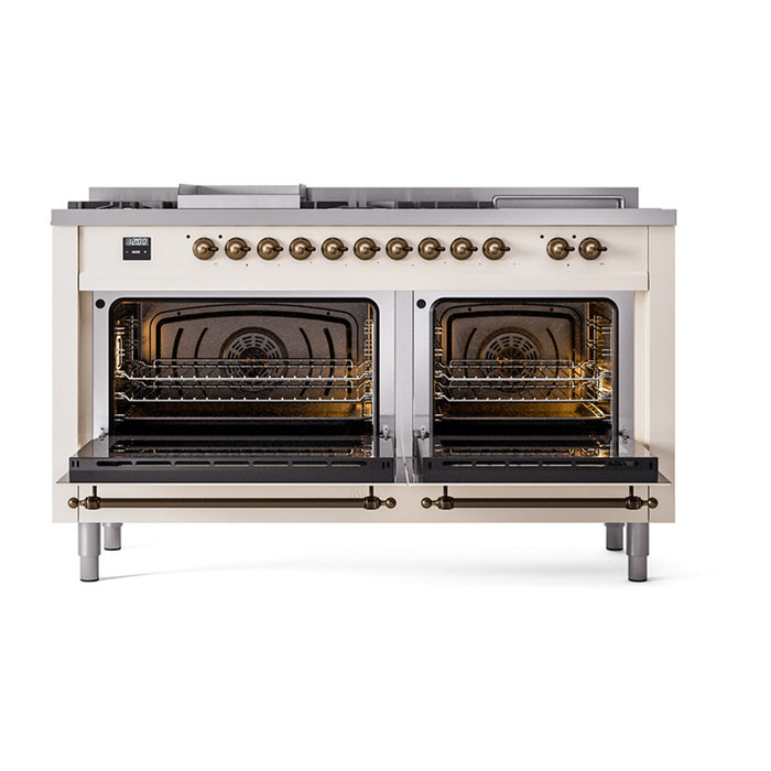 ILVE 60 Inch Nostalgie II Noblesse Freestanding Dual Fuel Range with 7 Sealed Burners, Griddle, French Top, Solid Door with Burnished Trim Open
