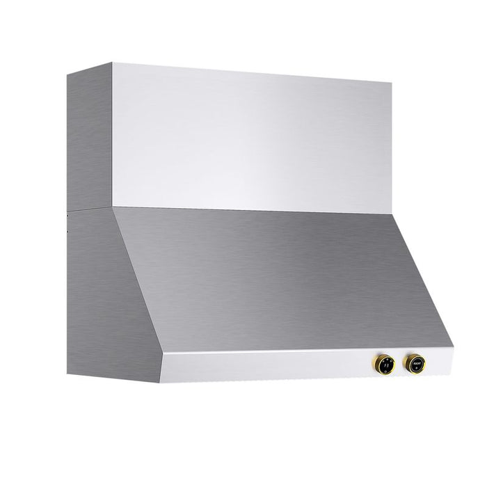 Kucht 36 Inch Pro-Style 900 CFM Classic Stainless Steel Wall Mounted Gold Accents Range Hood with Two Round Digital Dial Touchscreen Controls
