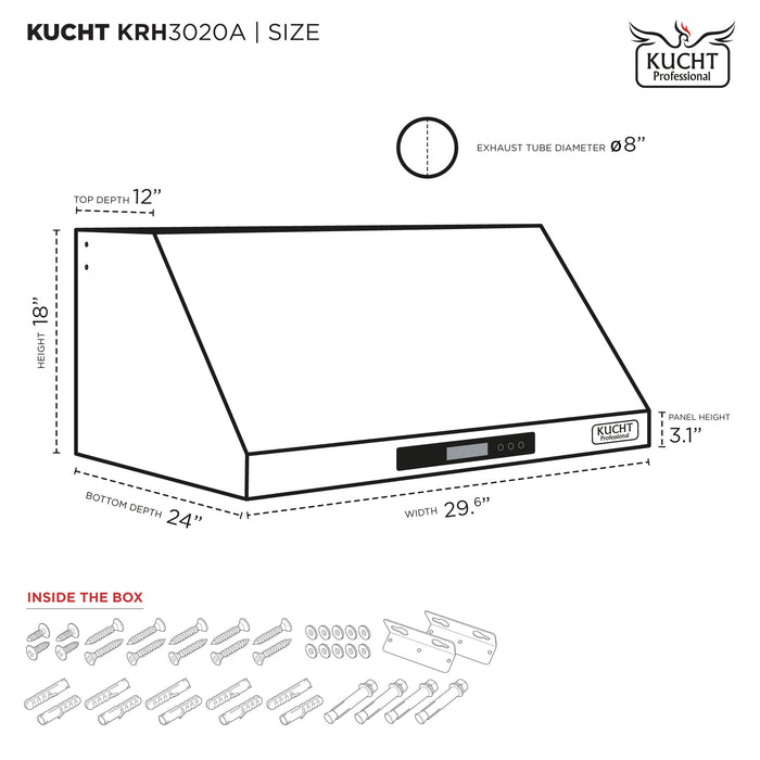 Kucht 30 Inch 900 CFM Stainless Steel Ducted Under Cabinet Range Hood with Push Button Controls Dimensions