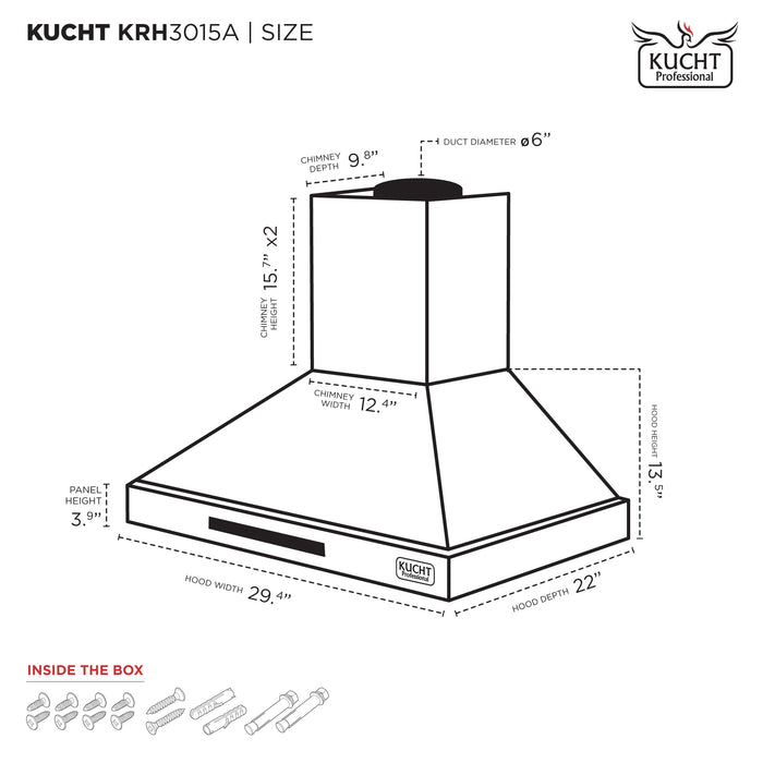 Kucht 30 Inch 900 CFM Stainless Steel Wall Mounted Range Hood with LCD Display, Sensor Touch Controls and Color Options Dimensions