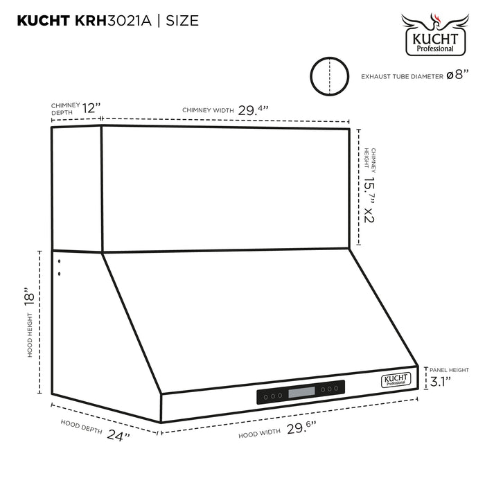 Kucht 30 Inch 900 CFM Stainless Steel Wall Mounted Range Hood with LCD Display and Sensor Touch Controls - KRH3021A Side