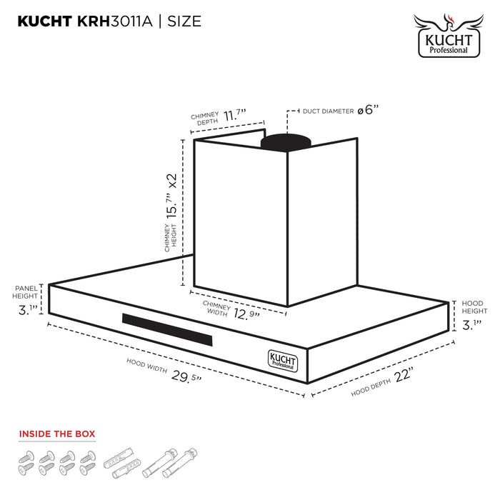 Kucht 30 Inch 900 CFM Stainless Steel Wall Mounted Range Hood with LCD Display and Sensor Touch Controls - KRH3011A Dimensions