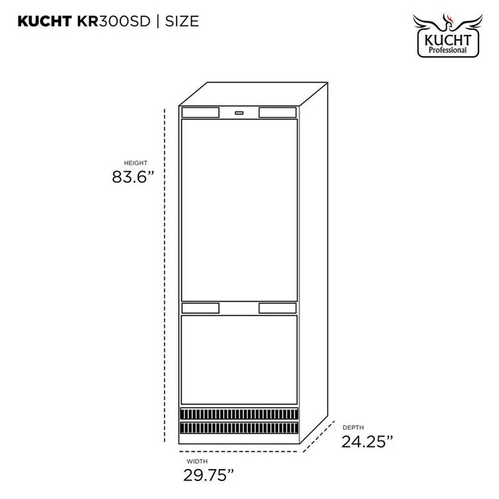 Kucht 30 Inch Built In Counter Depth Panel Ready Single Door Refrigerator with Bottom Freezer Dimensions