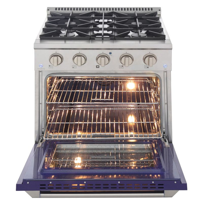Kucht 30 Inch Pro-Style KDF Series Liquid Propane Gas Stainless Steel Dual Fuel Range with Blue Oven Door Open