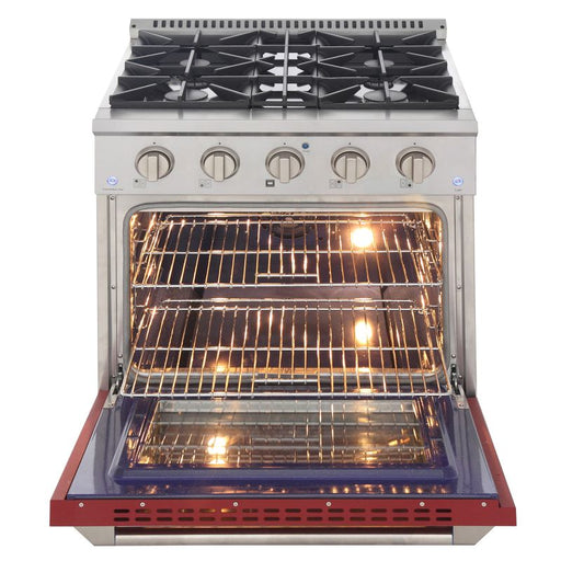 Kucht 30 Inch Pro-Style KDF Series Liquid Propane Stainless Steel Dual Fuel Range with Red Oven Door Open