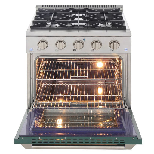 Kucht 30 Inch Pro-Style KDF Series Natural Gas Stainless Steel Dual Fuel Range with Green Oven Door Open