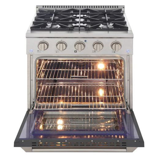 Kucht 30 Inch Pro-Style KDF Series Natural Gas Stainless Steel Dual Fuel Range with Grey Oven Door Open