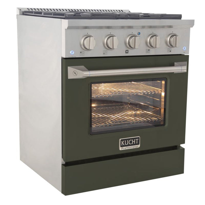 Kucht 30 Inch Pro-Style KDF Series Natural Gas Stainless Steel Dual Fuel Range with Olive Green Oven Door Side