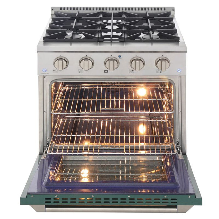 Kucht 30 Inch Professional 4.2 Cu. Ft. Liquid Propane Gas Stainless Steel Range with Sealed Burners and Convection Oven in Green Oven Door Open