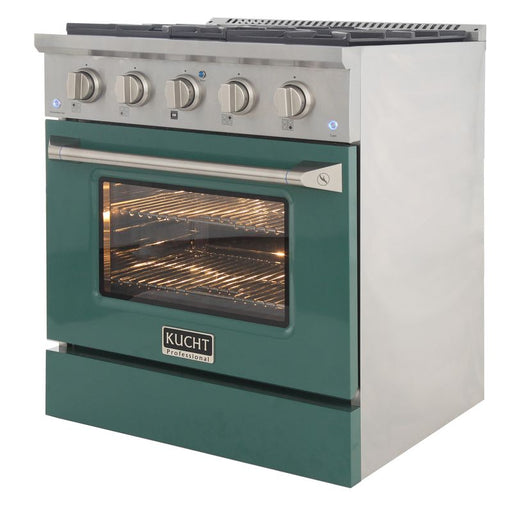 Kucht 30 Inch Professional 4.2 Cu. Ft. Liquid Propane Gas Stainless Steel Range with Sealed Burners and Convection Oven in Green Oven Door Side