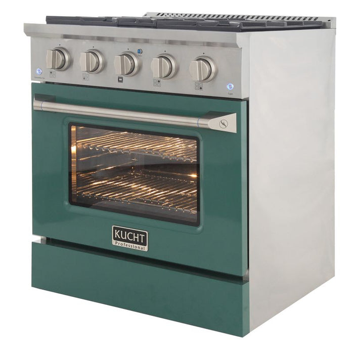 Kucht 30 Inch Professional 4.2 Cu. Ft. Liquid Propane Gas Stainless Steel Range with Sealed Burners and Convection Oven in Green Oven Door Side