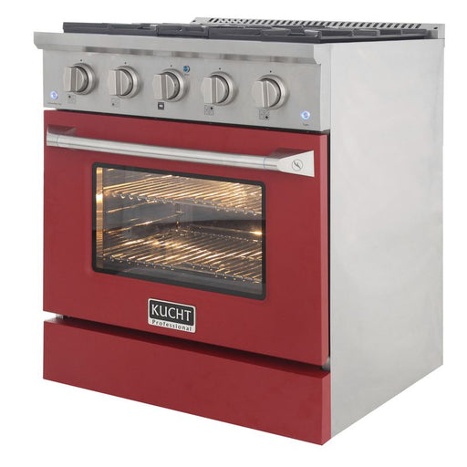 Kucht 30 Inch Professional 4.2 Cu. Ft. Liquid Propane Gas Stainless Steel Range with Sealed Burners and Convection Oven in Red Oven Door Side