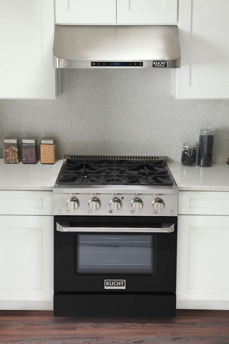 Kucht 30 Inch Professional 4.2 Cu. Ft. Natural Gas Stainless Steel Range with Sealed Burners and Convection Oven in Black Oven Door Attached