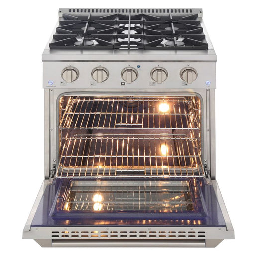 Kucht 30 Inch Professional 4.2 Cu. Ft. Natural Gas Stainless Steel Range with Sealed Burners and Convection Oven in Silver Oven Door Open