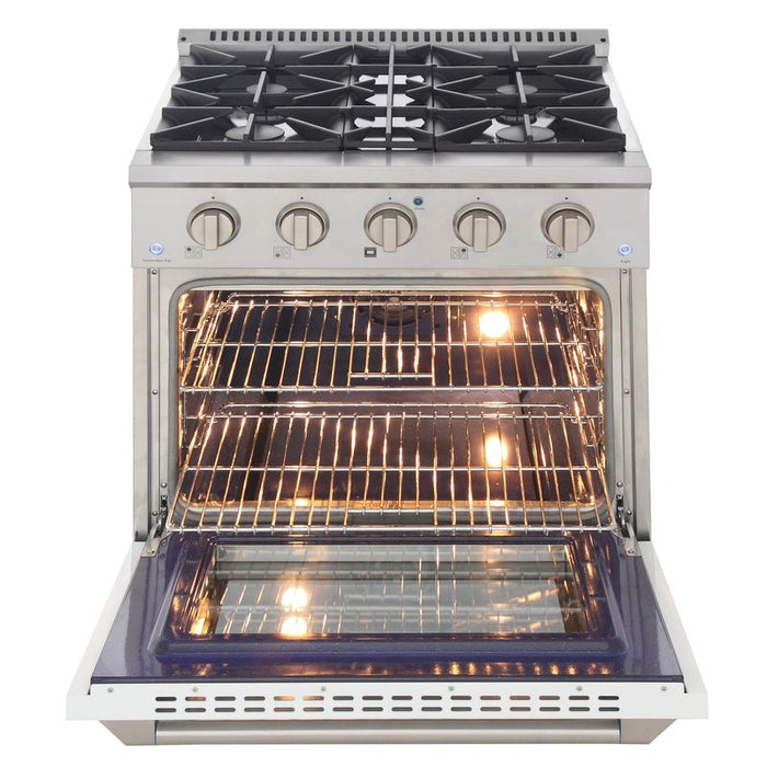 Kucht 30 Inch Professional 4.2 Cu. Ft. Natural Gas Stainless Steel Range with Sealed Burners and Convection Oven in White Oven Door Open