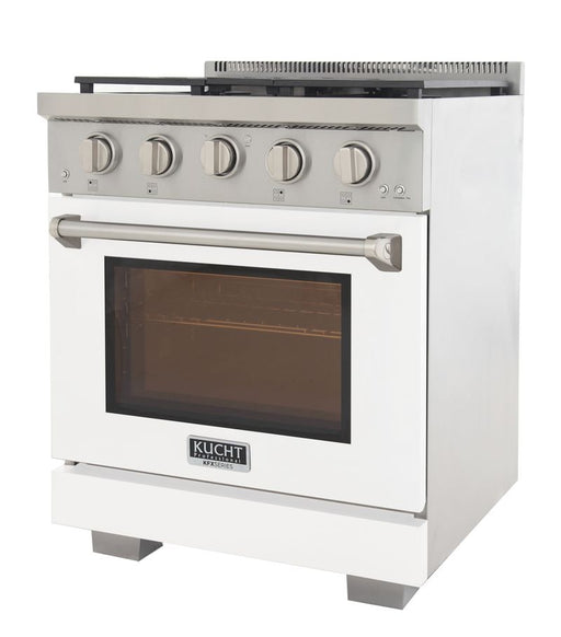 Kucht 30 Inch Professional KFX-X Series Liquid Propane Stainless Steel Range with Convection Oven in White Oven Door Side
