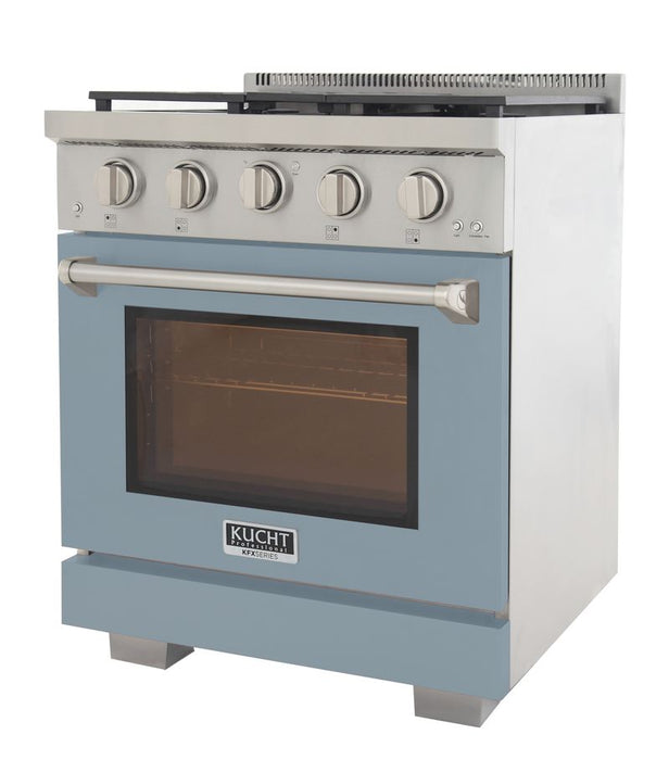 Kucht 30 Inch Professional KFX-X Series Natural Gas Stainless Steel Range with Convection Oven in Light Blue Oven Door Side