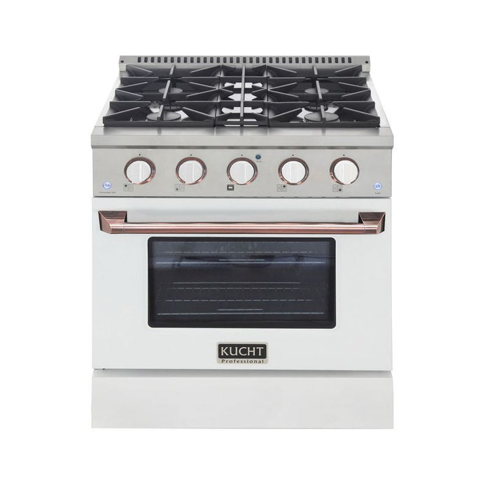 Kucht 30 Inch Professional KNG Series Customized Natural Gas Stainless Steel Range with White Oven Door Rose Gold Burner
