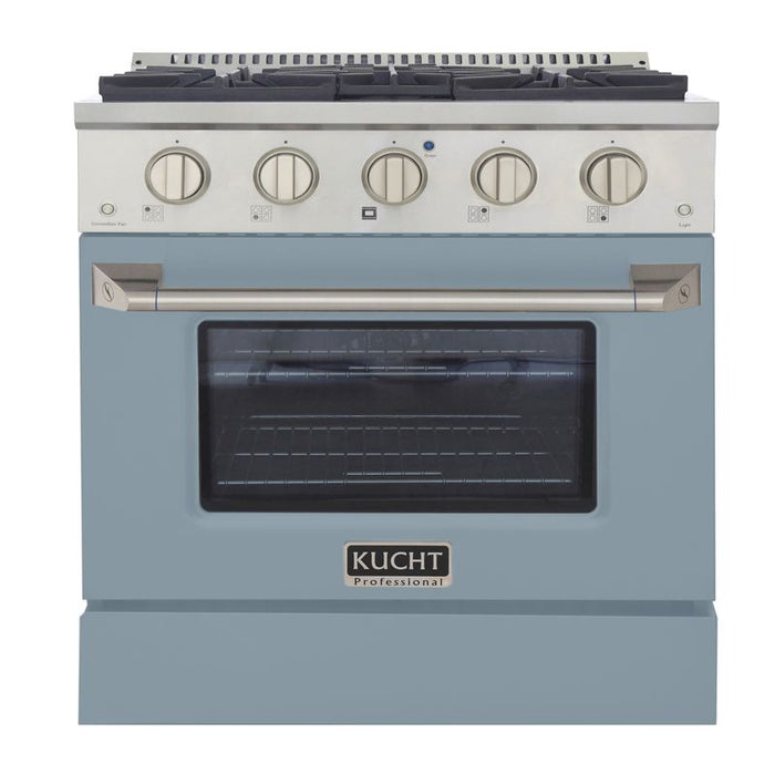 Kucht 30 Inch Professional KNG Series Liquid Propane Gas Stainless Steel Range with Sealed Burners and Convection Oven in Light Blue Oven Door Main