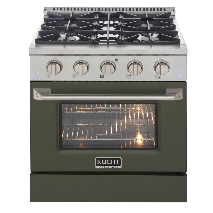 Kucht 30 Inch Professional KNG Series Liquid Propane Stainless Steel Range with Sealed Burners and Convection Oven in Olive Green Oven Door Burners