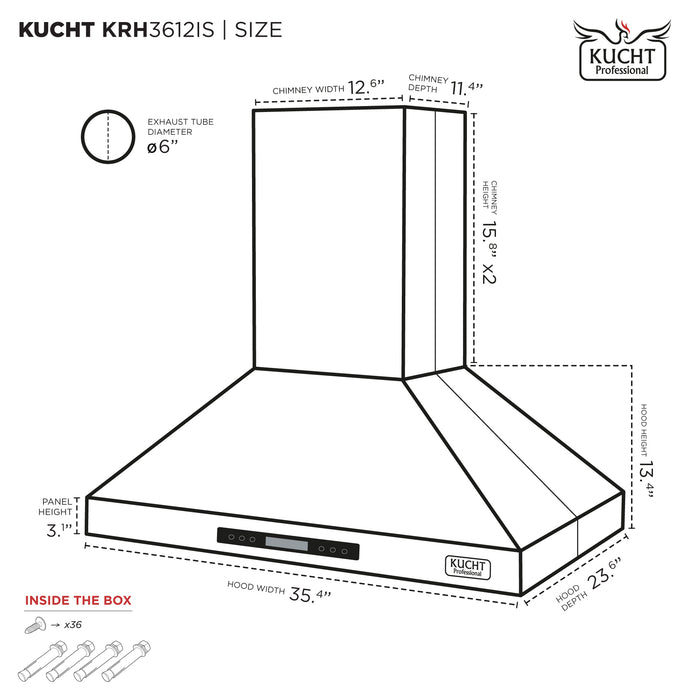 Kucht 36 Inch 900 CFM Stainless Steel Ducted Island Mount Range Hood with LCD display and Sensor Touch Controls Dimensions