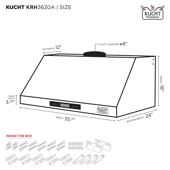 Kucht 36 Inch 900 CFM Stainless Steel Ducted Under Cabinet Range Hood with Push Button ControlsF= Dimensions