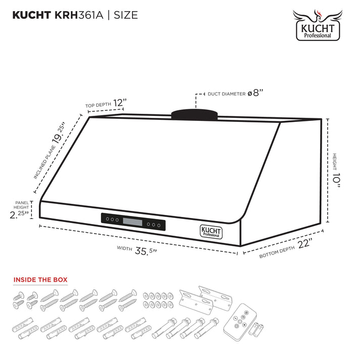 Kucht 36 Inch 900 CFM Stainless Steel Ducted Under Cabinet Range Hood with LCD Display and Sensor Touch Controls Dimensions