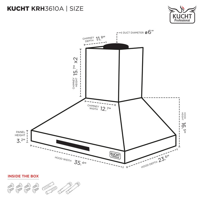Kucht 36 Inch 900 CFM Stainless Steel Wall Mounted Range Hood with LCD Display and Sensor Touch Controls - KRH3610A Dimensions