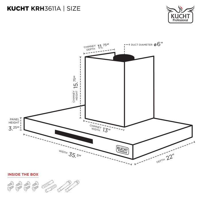Kucht 36 Inch 900 CFM Stainless Steel Wall Mounted Range Hood with LCD Display and Sensor Touch Controls - KRH3611A Dimensions