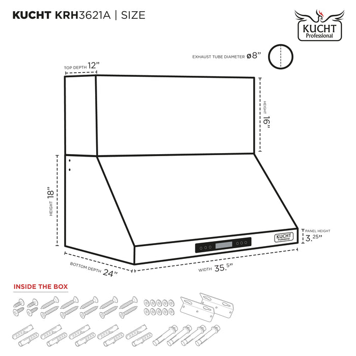 Kucht 36 Inch 900 CFM Stainless Steel Wall Mounted Range Hood with LCD Display and Sensor Touch Controls - KRH3621A Side