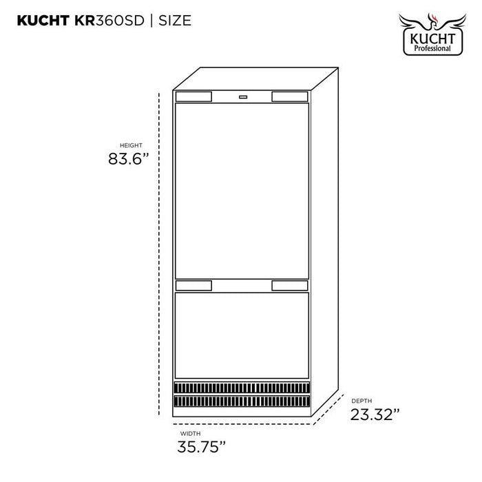 Kucht 36 Inch Built In Counter Depth Panel Ready Single Door Refrigerator with Bottom Freezer Dimensions