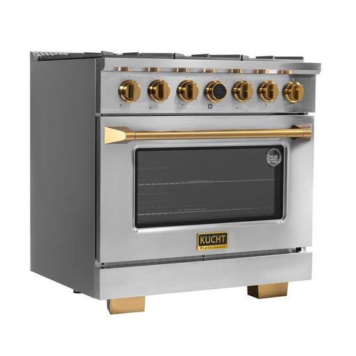 Kucht 36 Inch KX Series Gas Stainless Steel Door Dual Fuel Range with Gold Finish and Digital Thermostat Side