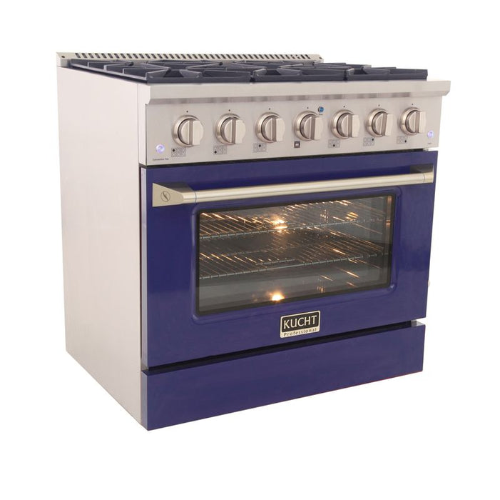 Kucht 36 Inch Pro-Class KDF Series Liquid Propane Gas Stainless Steel Dual Fuel Range with Blue Oven Door Side