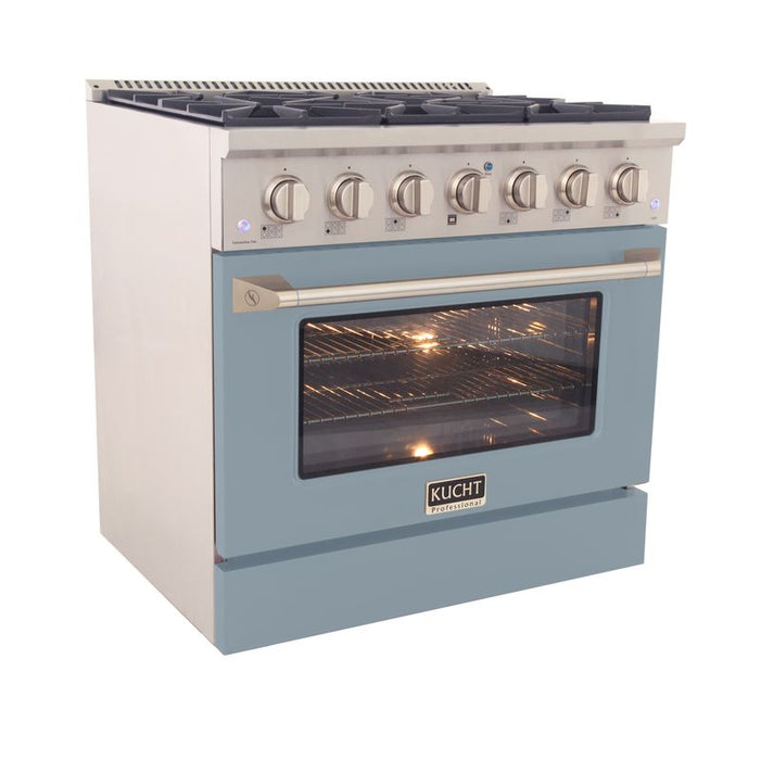 Kucht 36 Inch Pro-Class KDF Series Liquid Propane Gas Stainless Steel Dual Fuel Range with Light Blue Oven Door Side
