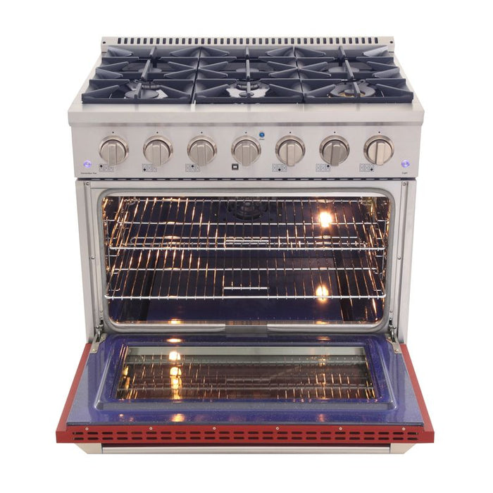 Kucht 36 Inch Pro-Class KDF Series Liquid Propane Gas Stainless Steel Dual Fuel Range with Red Oven Door Open