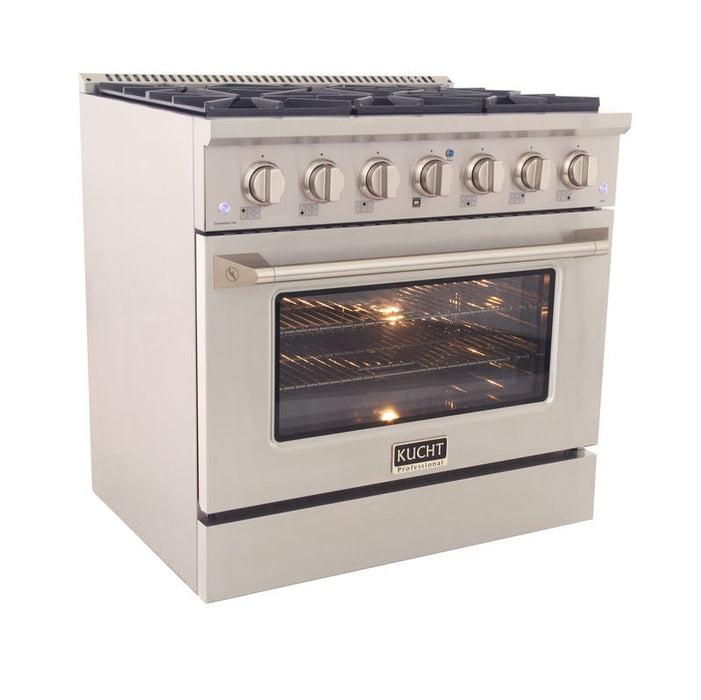 Kucht 36 Inch Pro-Class KDF Series Liquid Propane Gas Stainless Steel Dual Fuel Range with Silver Oven Door Side