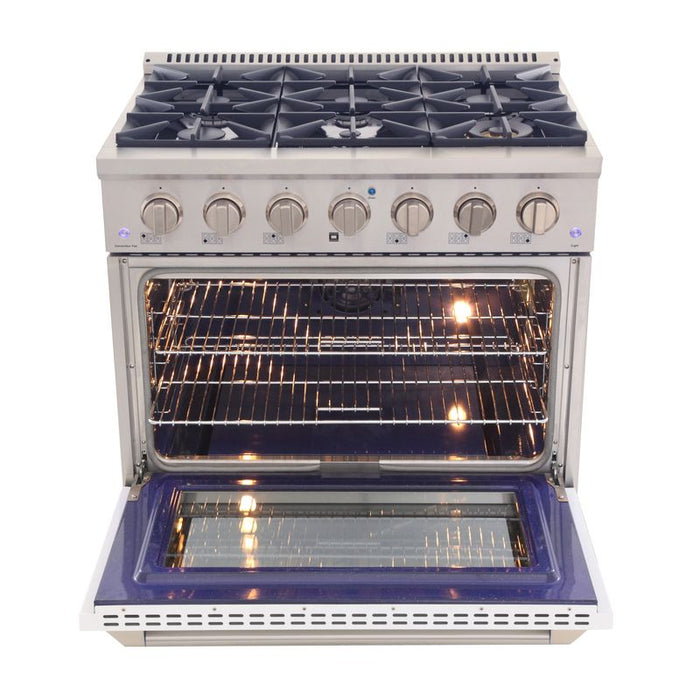 Kucht 36 Inch Pro-Class KDF Series Liquid Propane Gas Stainless Steel Dual Fuel Range with White Oven Door Open