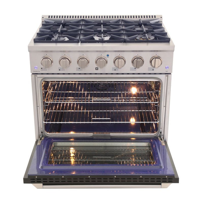 Kucht 36 Inch Pro-Class KDF Series Natural Gas Stainless Steel Dual Fuel Range with Black Oven Door Open