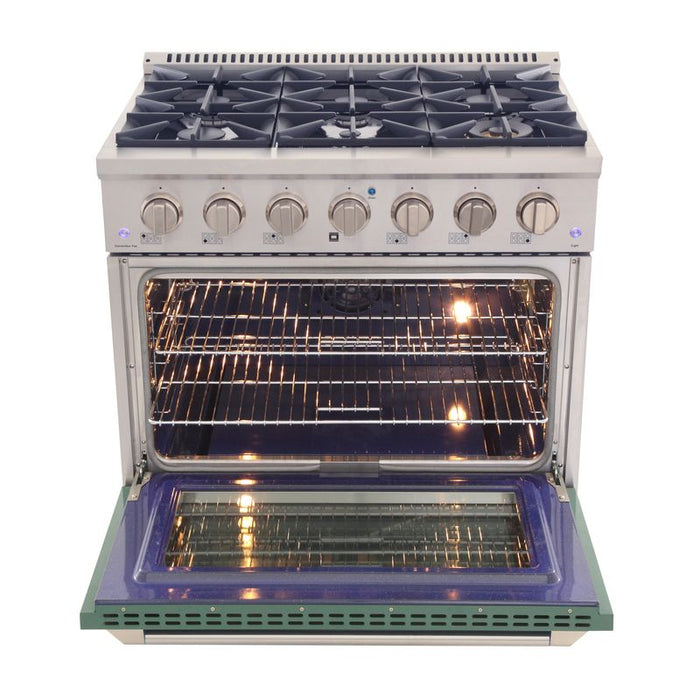 Kucht 36 Inch Pro-Class KDF Series Natural Gas Stainless Steel Dual Fuel Range with Green Oven Door Open