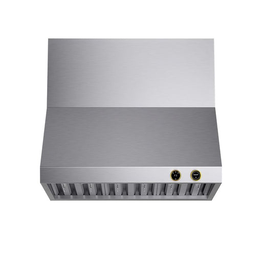 Kucht 36 Inch Pro-Style 900 CFM Classic Stainless Steel Wall Mounted Gold Accents Range Hood with Two Round Digital Dial Touchscreen Controls Main