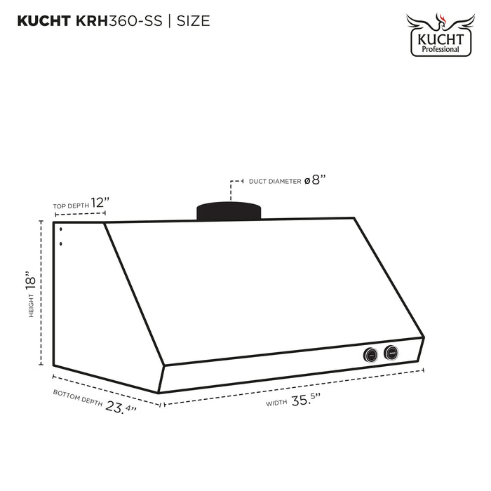 Kucht 36 Inch Pro-Style 900 CFM Stainless Steel Ducted Under Cabinet Range Hood with Two Round Digital Dial Touchscreen Controls Dimensions
