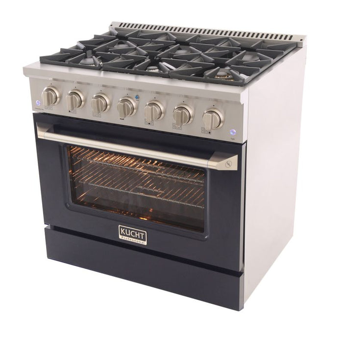 Kucht 36 Inch Professional 5.2 Cu. Ft. Natural Gas Stainless Steel Range with Sealed Burners and Convection Oven in Black Oven Door Side