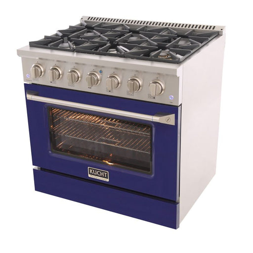 Kucht 36 Inch Professional 5.2 Cu. Ft. Natural Gas Stainless Steel Range with Sealed Burners and Convection Oven in Blue Oven Door Side