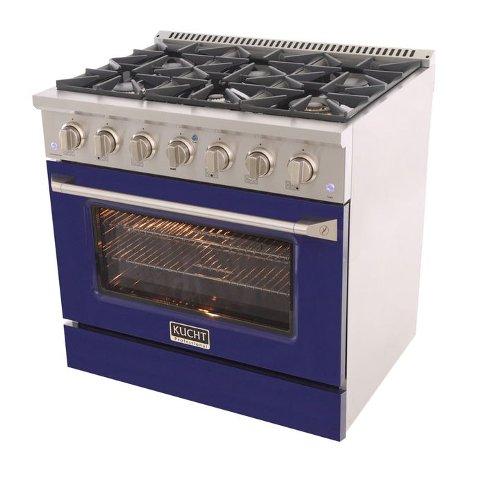 Kucht 36 Inch Professional 5.2 Cu. Ft. Natural Gas Stainless Steel Range with Sealed Burners and Convection Oven in Blue Oven Door Side