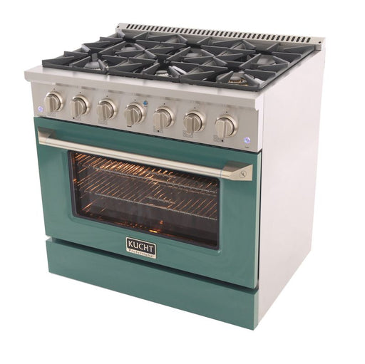 Kucht 36 Inch Professional 5.2 Cu. Ft. Natural Gas Stainless Steel Range with Sealed Burners and Convection Oven in Green Oven Door Side