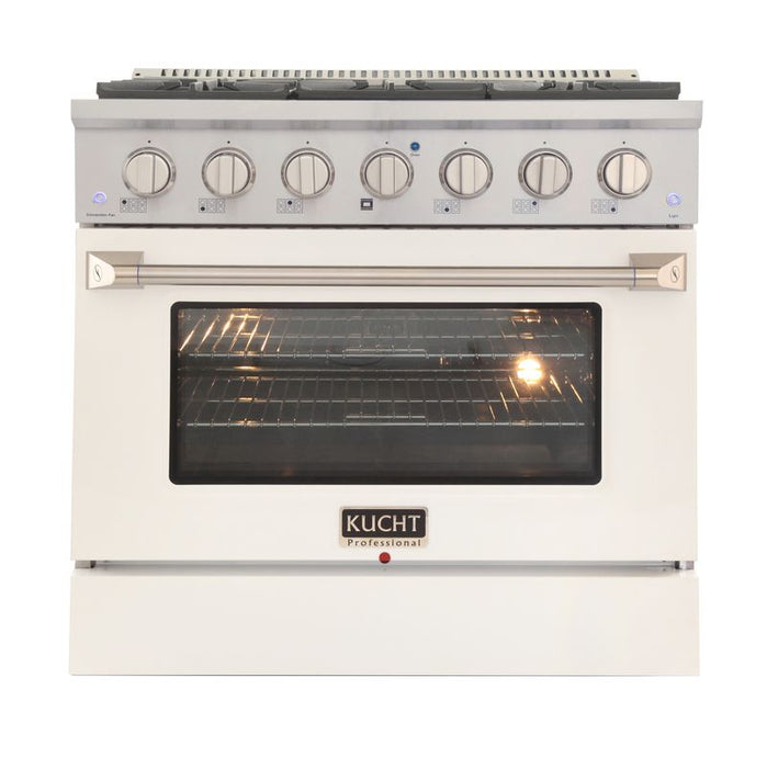 Kucht 36 Inch Professional 5.2 Cu. Ft. Natural Gas Stainless Steel Range with Sealed Burners and Convection Oven in White Oven Door Main