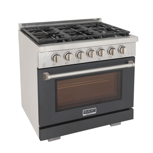 Kucht 36 Inch Professional KFX-X Series Liquid Propane Stainless Steel Range with Convection Oven in Gray Oven Door Side