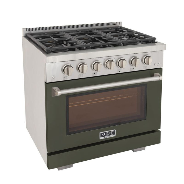Kucht 36 Inch Professional KFX-X Series Liquid Propane Stainless Steel Range with Convection Oven in Green Oven Door Side