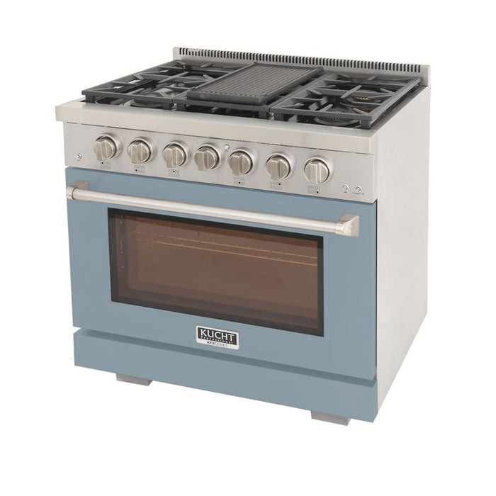 Kucht 36 Inch Professional KFX-X Series Liquid Propane Stainless Steel Range with Convection Oven in Light Blue Oven Door Griddle