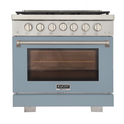 Kucht 36 Inch Professional KFX-X Series Liquid Propane Stainless Steel Range with Convection Oven in Light Blue Oven Door Main